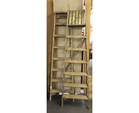 2 sets of large folding pine step ladders, H 200cm