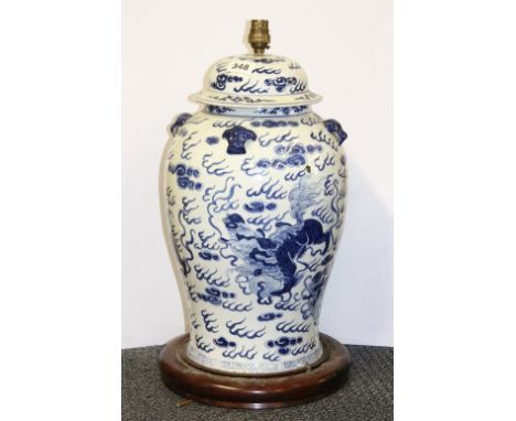  19th century Chinese hand painted porcelain jar and lid mounted as a table lamp, H 48cm