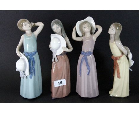 4 Lladro figures of girls with hats, H 25cm