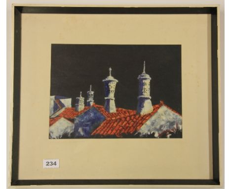 A Portuguese mixed media painting of roof tops entitled "Chamines Algarvias" (indistinct signature), 50cm x 43cm