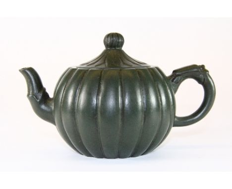 An unusual Chinese green Yi Xing terracotta teapot, H 10cm (spout to handle 16cm)