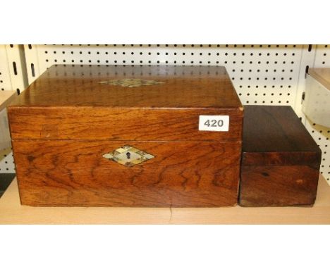 A mother of pearl inlaid walnut veneered work box and a small rosewood veneered tea caddy
