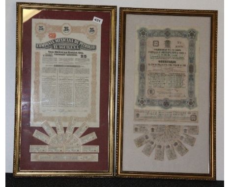2 large framed early 20th century share certificates (1 Russian & 1 Mexican)