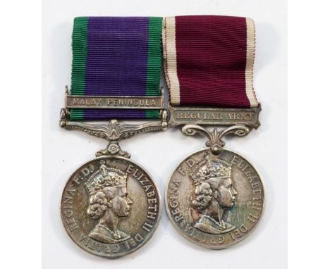 ERII mounted pair of Army long service medals, Malay Peninsula and the Regular Army, awarded to 23528574 CPL-SGT. A. R. Claff