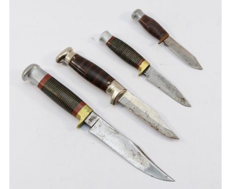Four vintage sheath knives, three William Rodgers and a Richards, all stamped Made in Sheffield, the longest blade 13cm.
