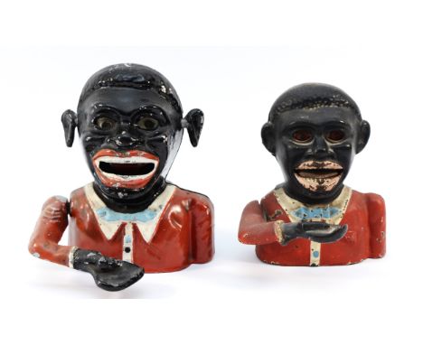 A vintage cast iron Little Joe money box, 13.5cm and a cast alloy version, 15cm. These items are listed on the basis they are