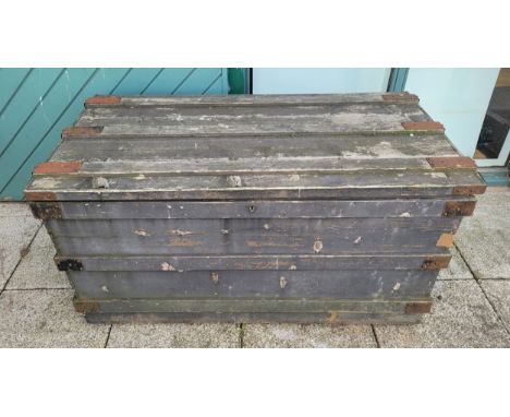 An early 20th century, East Midlands railway (EMR) pitched pine trunk/chest with steel hinges, handles and boundaries' on eit
