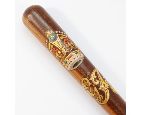 An early 20th century mahogany George V Truncheon, transfer printed Crowned GR, 39cm long