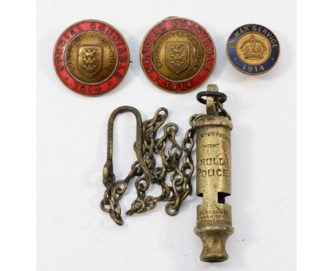 Two Kingston Upon Hull Special Constable 1914 brass and red enamel badges, a On War Service 1914 badge and a Hull Police Metr