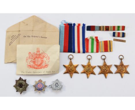WWII Star medals and cap badges, to include the 1939-1945, The France And Germany, The Italy Star, The Africa 8th Army Star a