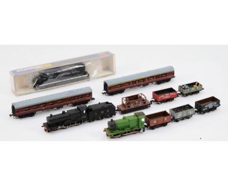 Railway N gauge; comprising LMS 118 loco &amp; tender, a Lima engine, a GP-20 loco, two carriages and rolling stock.