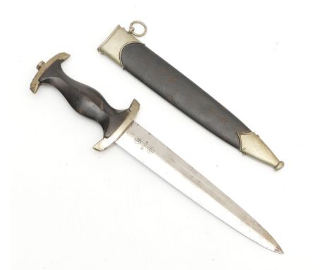 WWII German Third Reich SS Dress Dagger, by RZM 121/34, with ebony grip having eagle and erased SS rune insignia, double edge