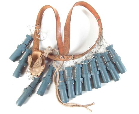 Replica new model army twelve Apostles English civil war bandolier of charges, wood bodies painted blue on leather strap. 