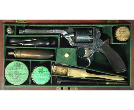 Cased Tranter .54 bore double trigger revolver, serial number 7265T with 6 inch octagonal barrel with dovetailed front sight,