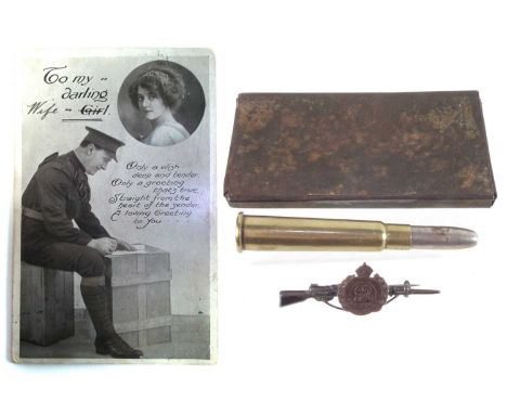 WWI items, to include a Silver Royal Engineers sweet heart broach, Princess Mary cartridge pencil, a postcard from a soldier 