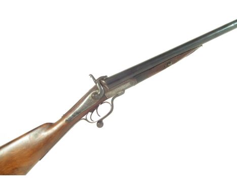 Pinfire 12 bore shotgun by Mortimer of Edinburgh, with 29.5 inch barrels, rotary under lever action engraved with scrollwork.