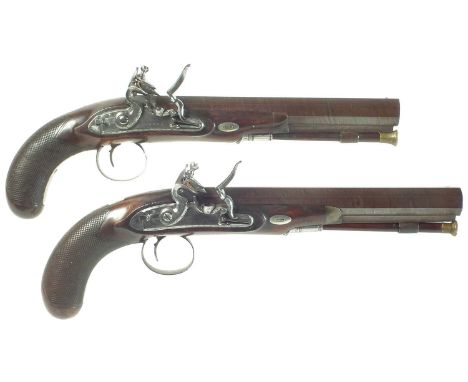 Pair of flintlock Officer's pistols by Holmes, with figured Damascus octagonal 9 inch sighted barrels, locks fitted with safe