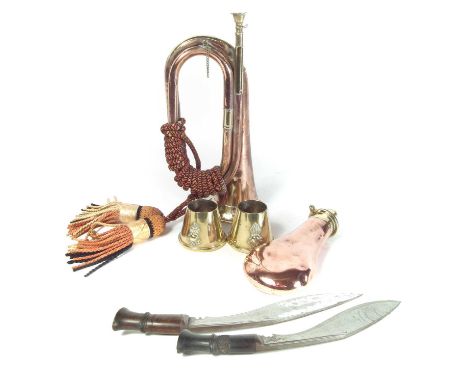 Collection of items, to include a bugle, copper and brass powder flask, pair of match holders made from a shell fuse and moun