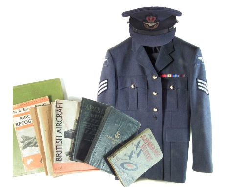 RAF uniform, with flight sergeant stripes, to include jacket, cap and trousers, size 184/104/88, also nine WWI / WWII era boo
