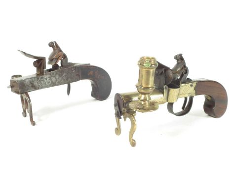 Two Flintlock tinder lighters, one with brass frame and candle sconce signed Southall, the other of steel body unsigned.Secti