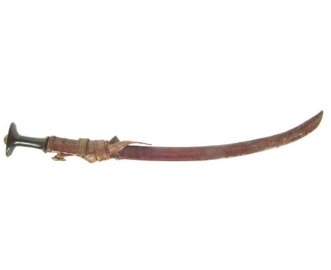 Ethiopian sword and scabbard, with horn grip topped with brass pommel, tooled leather scabbard. 106cm long 