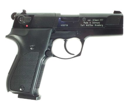 Walther .177 CP88 air pistol, serial number A8397138, in case with instructions, cleaning rod, two pellet cylinders, and inst