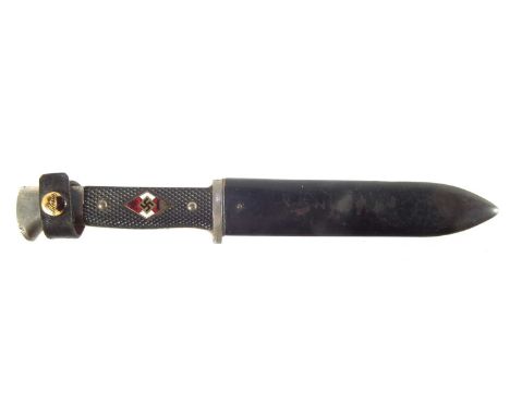 German Third Reich WWII Hilter Youth dagger and scabbard, the blade with faint RZ marking, the leather scabbard button marked