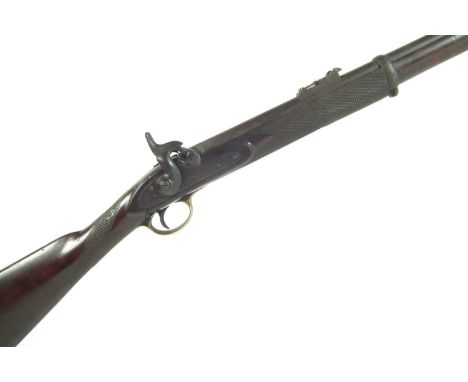 Percussion volunteer .577 rifle by Vint London, with 30 inch three groove rifled barrel fitted with folding ladder sight, che