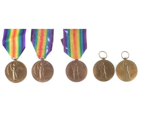 Five WWI Victory medals, numbered and named for 1393 SPR A Eccleshall R.E., 43769 SJT. D. Thompson R.A. 33514 PTE. E. Trotman