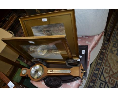 A wall barometer; a set of wall shelves; two original gouache studies; a print of a dog (5) 