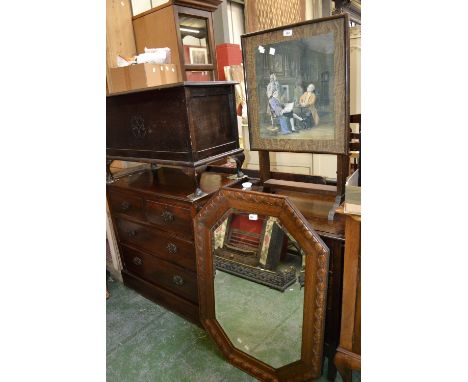 A 1940's chest of three drawers; an oak wall mirror; an oak firescreen/table; an oak blanket box (4) 