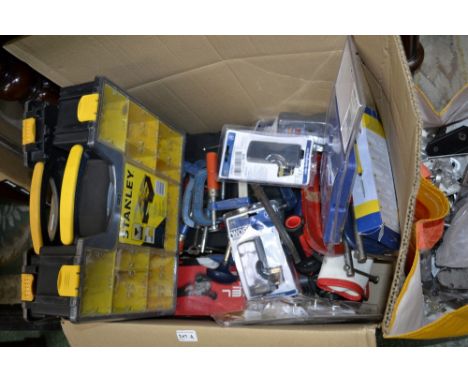 Tools, Storage and Hardware - a Milwaukee battery powered grinder and drill; Stanley storage boxes; metal G clamps; Draper ci