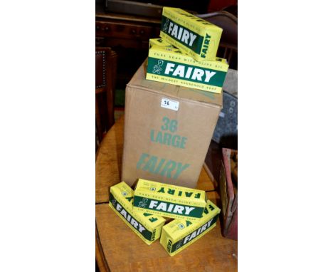 A box of vintage Fairy soap, 36 packets; another part box of eleven bars.