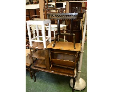 A pair of open back oak country kitchen chairs; a reproduction glass inlaid coffee table; a Canterbury table; three occasiona