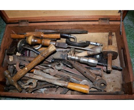 A tool box with assorted tools including micrometers, hammers, set square etc.