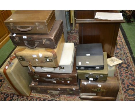 Vintage luggage - assorted leather and other suitcases and valises; a cased Vintage Royal typewriter; another; a domed cased 