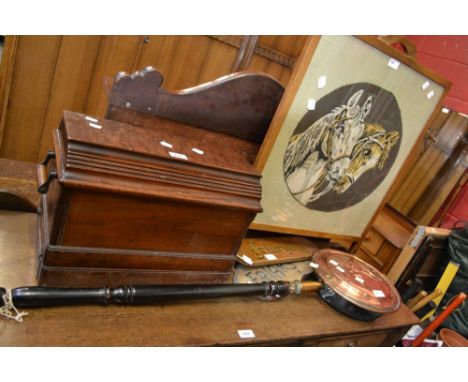 A Singer sewing machine, cased; a copper warming pan; a woolwork oak framed firescreen; two wooden house signs - Friarsway. (