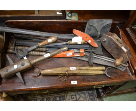 Tools - an unusual 19th century beach clamp spoke shave; augers; lark lure; millstone dressing thrift and bill; docking tool 
