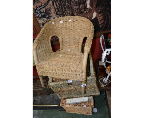 Two wicker hampers; four wicker baskets; a wicker child's chair; a set of postal scales; a Concord xylophone. (9)