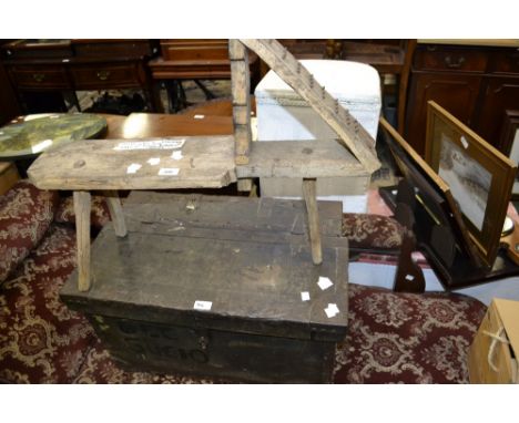 A child's grain stripper; vintage metal bound trunk(2)