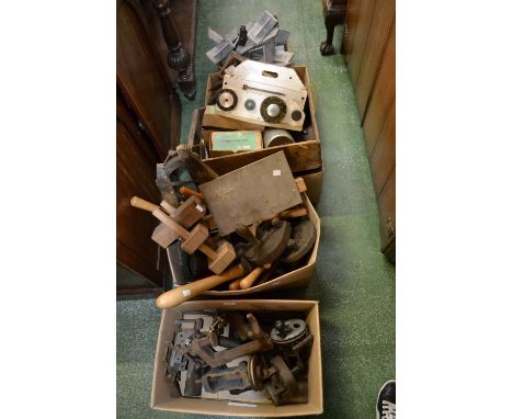 Tools - wood working chisels; grindstones; spray gun; lathe attachments; three legged puller; primus stoves; aluminium bracke