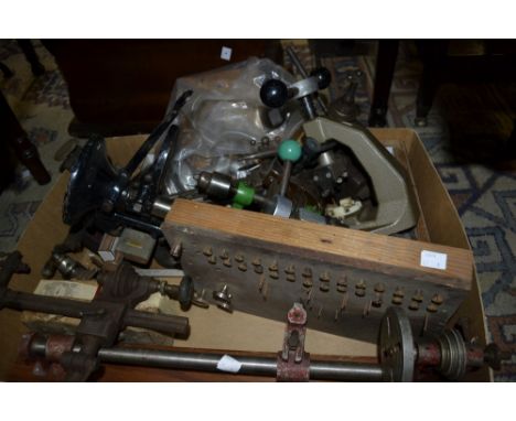 Watchmaker's tools including case openers; an OVA crystal press tool and glass dies; lathes; collets; staking tool etc.