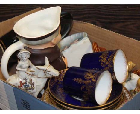 COLLECTION OF CERAMICS 
including Wade whimsies, Hummel jug, coffee cans and saucers, perfume bottles, etc (1 small box) 
