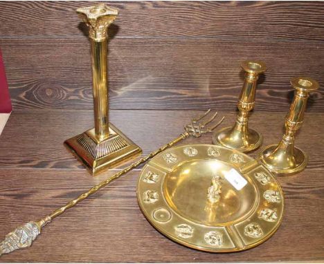 LOT OF BRASS INCLUDING THREE CANDLE STICKS, ASHTRAY WITH SEAHORSE DAMPER AND COAL FORK.