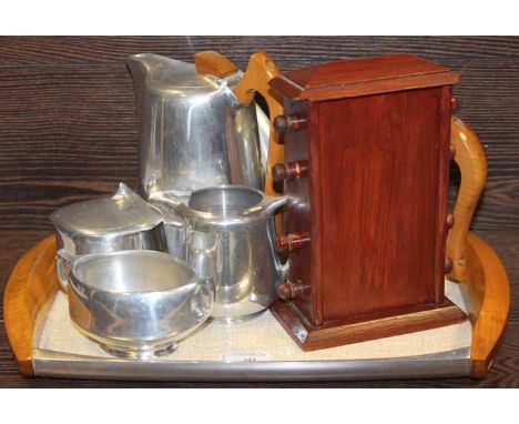 PICQUOTWARE FOUR PIECE TEA SET WITH TRAY
together with a wooden revolving day calendar