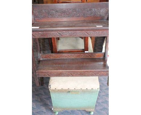 PIANO STOOL, SMALL BOOK SHELF, TWO SMALL FOOTSTOOLS AND A GREEN BLANKET CHEST