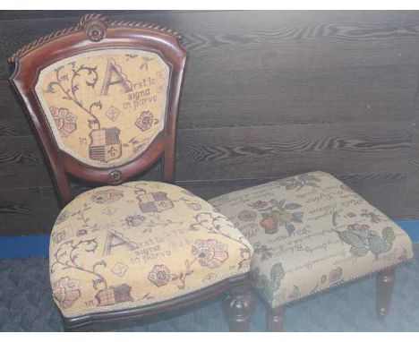 VICTORIAN SIDE CHAIR
along with a footstool in matching upholstery; and a milking stool (3)