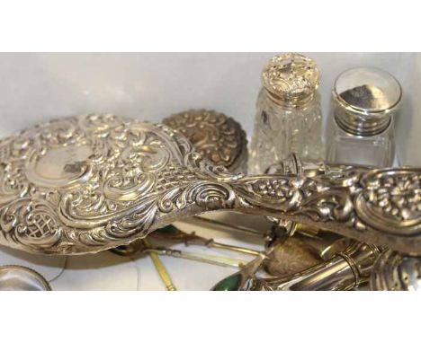 LOT OF SILVER ITEMS
including handmirror, condiments, napkin ring, spoons (1 small box) 