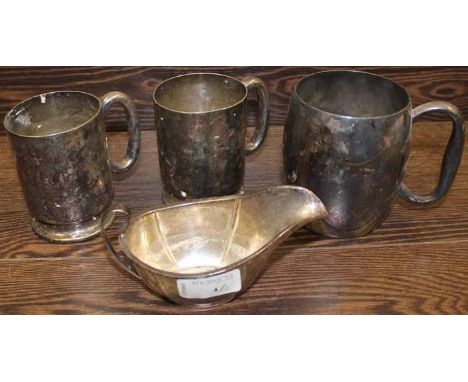 WALKER AND HALL SHEFFIELD SILVER PLATED MUG
together with two other plated mugs and a sterling silver jug