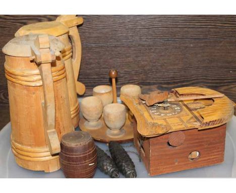 COLLECTION OF TREEN ITEMS INCLUDING CUCKOO CLOCK
together with a novelty cork, two decorative tankards, etc